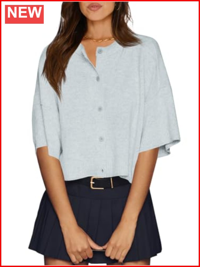 Oversized Cropped Cardigan Sweater, Half Sleeve Button Knit, Lightweight Soft